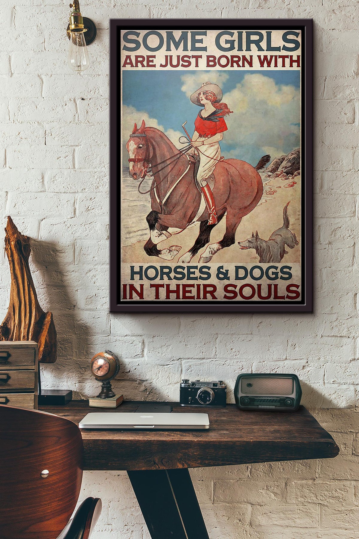 Cowgirl Some Girls Are Just Born With Horses And Dogs In Their Souls Poster Framed Matte Canvas