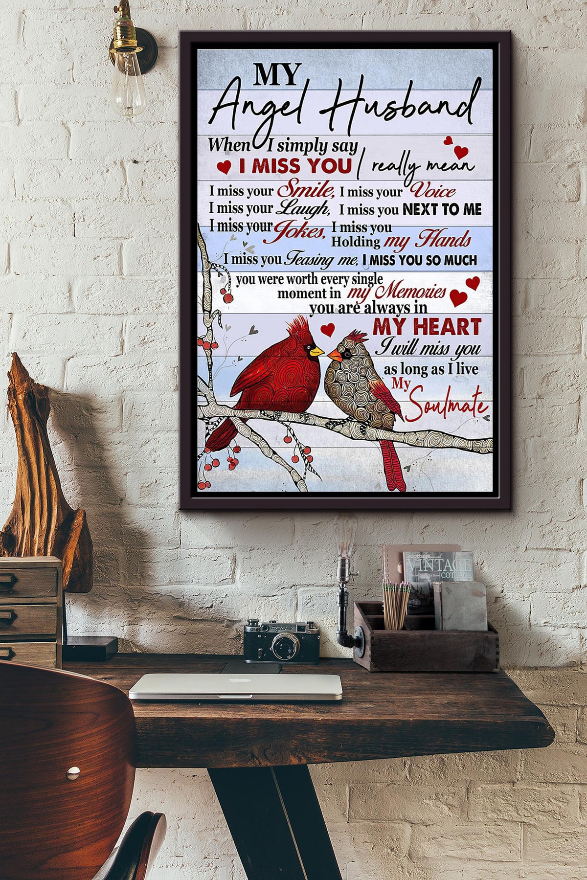 Cardinal Birds My Angel Husband I Miss Your Smile I Miss Your Voice Poster Framed Matte Canvas