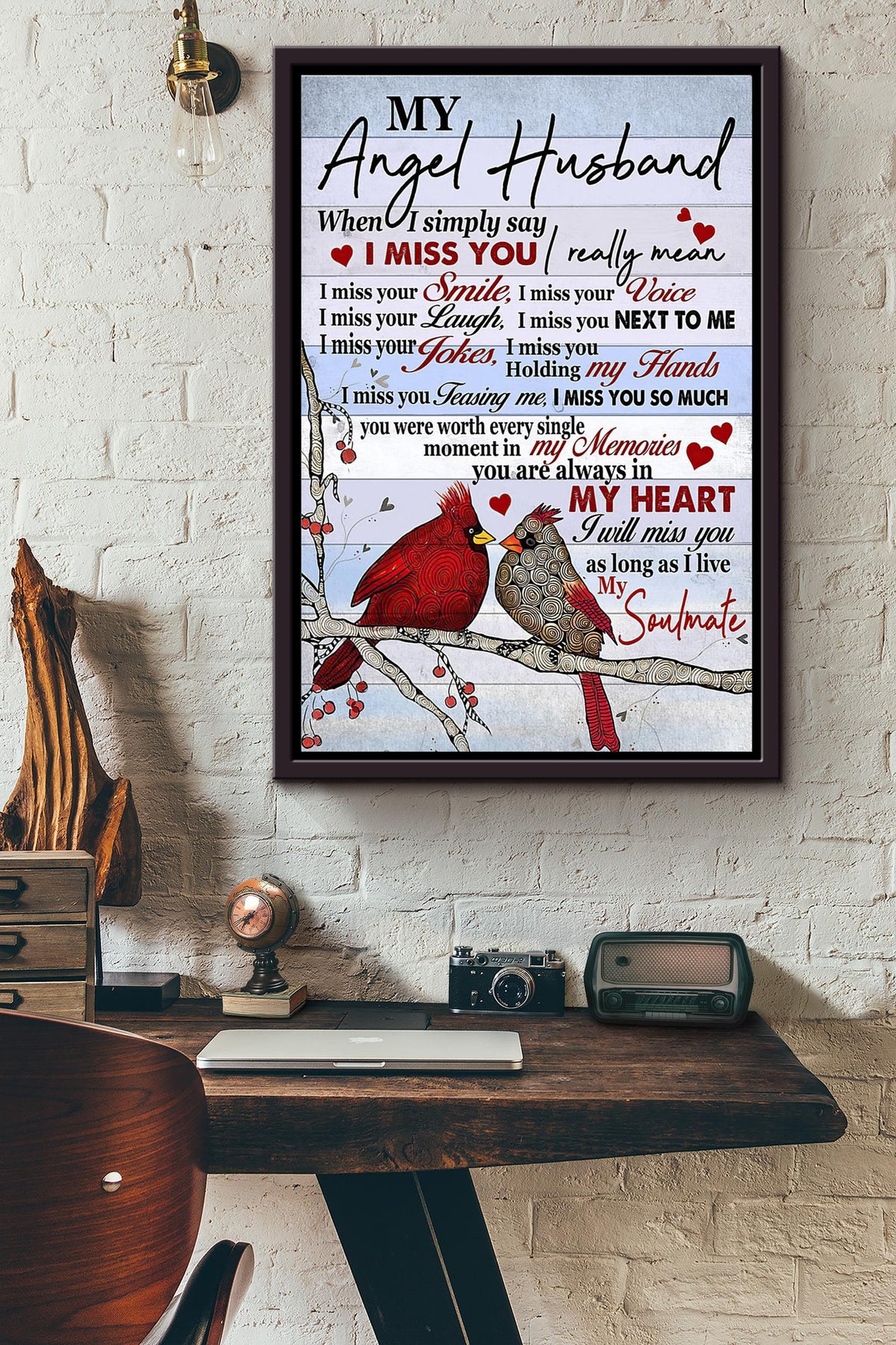 Cardinal Birds My Angel Husband I Miss Your Smile I Miss Your Voice Poster Framed Matte Canvas