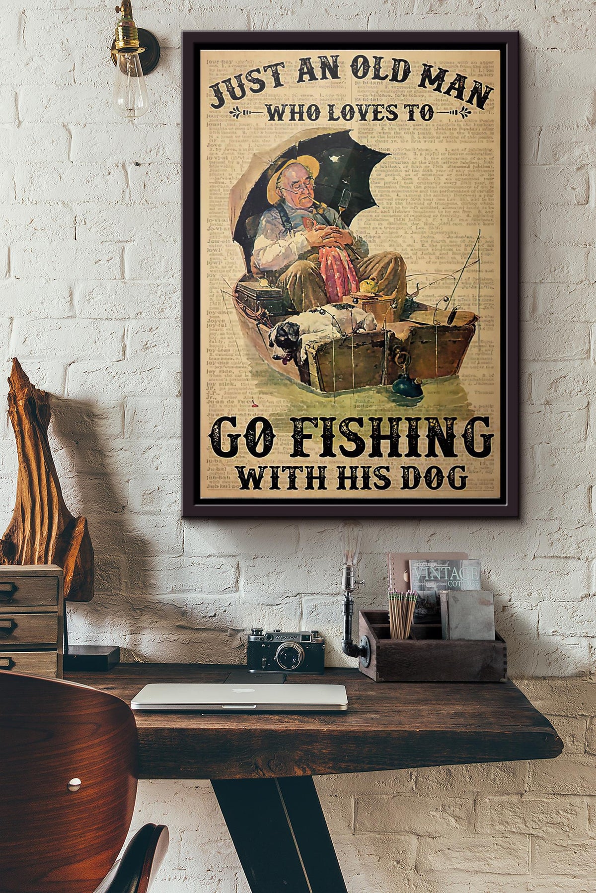 Just An Old Man Who Loves To Go Fishing With His Dog Poster Framed Matte Canvas