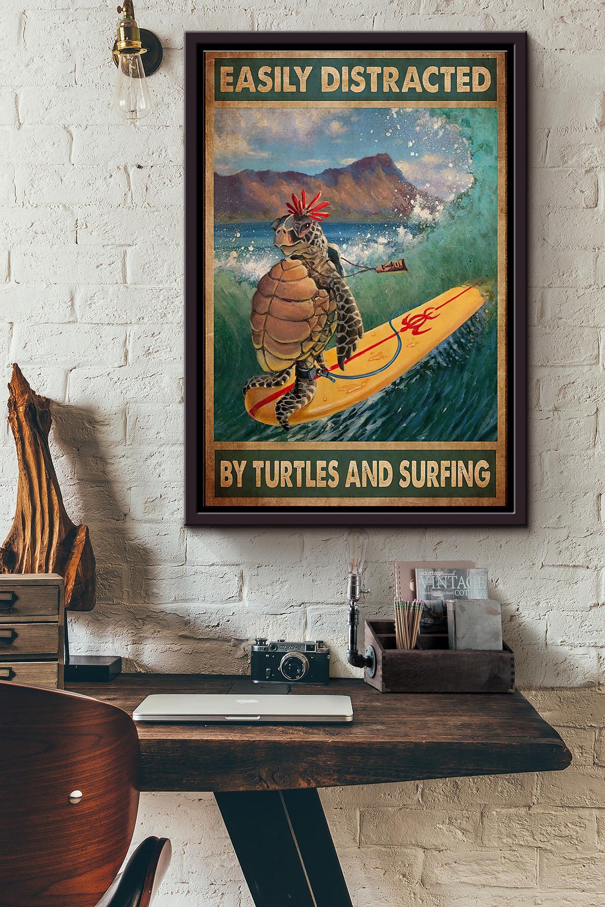 Hawaii Surfing Easily Distracted By Turtles And Surfing Poster Framed Matte Canvas