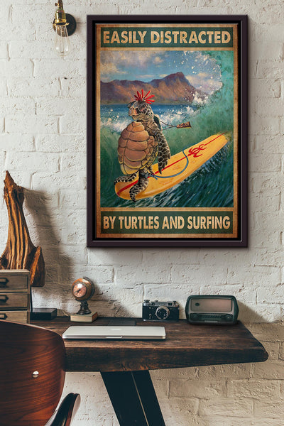 Hawaii Surfing Easily Distracted By Turtles And Surfing Poster Framed Matte Canvas