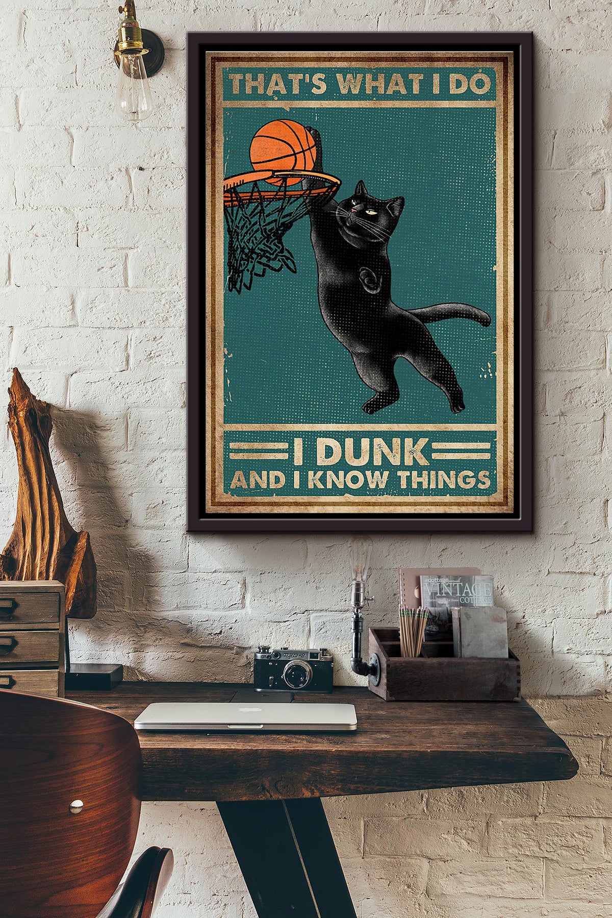 Basketball Black Cat Thats What I Do I Dunk And I Know Things Poster Framed Matte Canvas