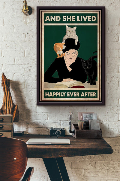 Cat Lovers Reading Books And She Lived Happily Ever After Poster Framed Matte Canvas