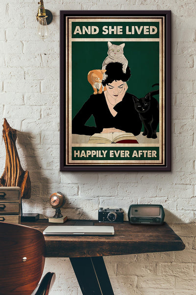 Cat Lovers Reading Books And She Lived Happily Ever After Poster Framed Matte Canvas