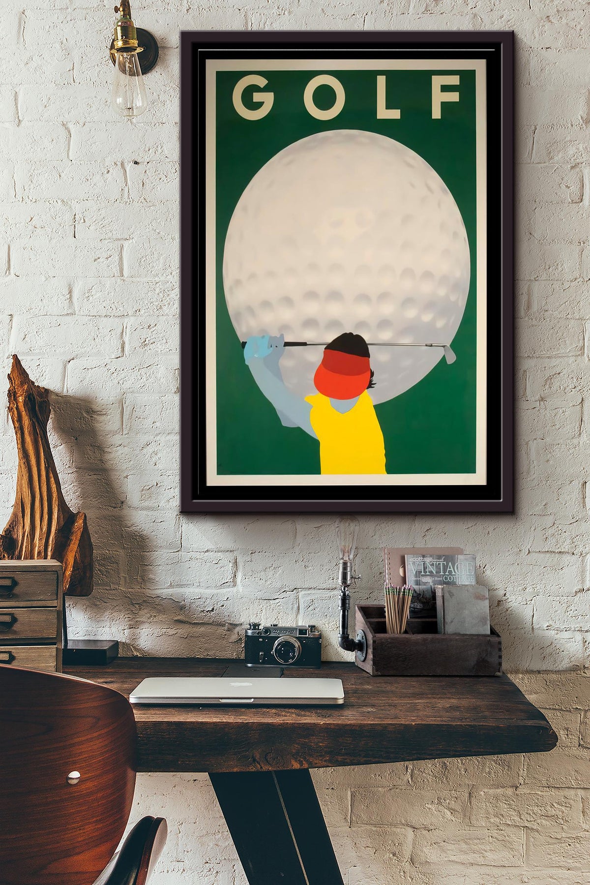 Girl Playing Golf Art Poster Framed Matte Canvas