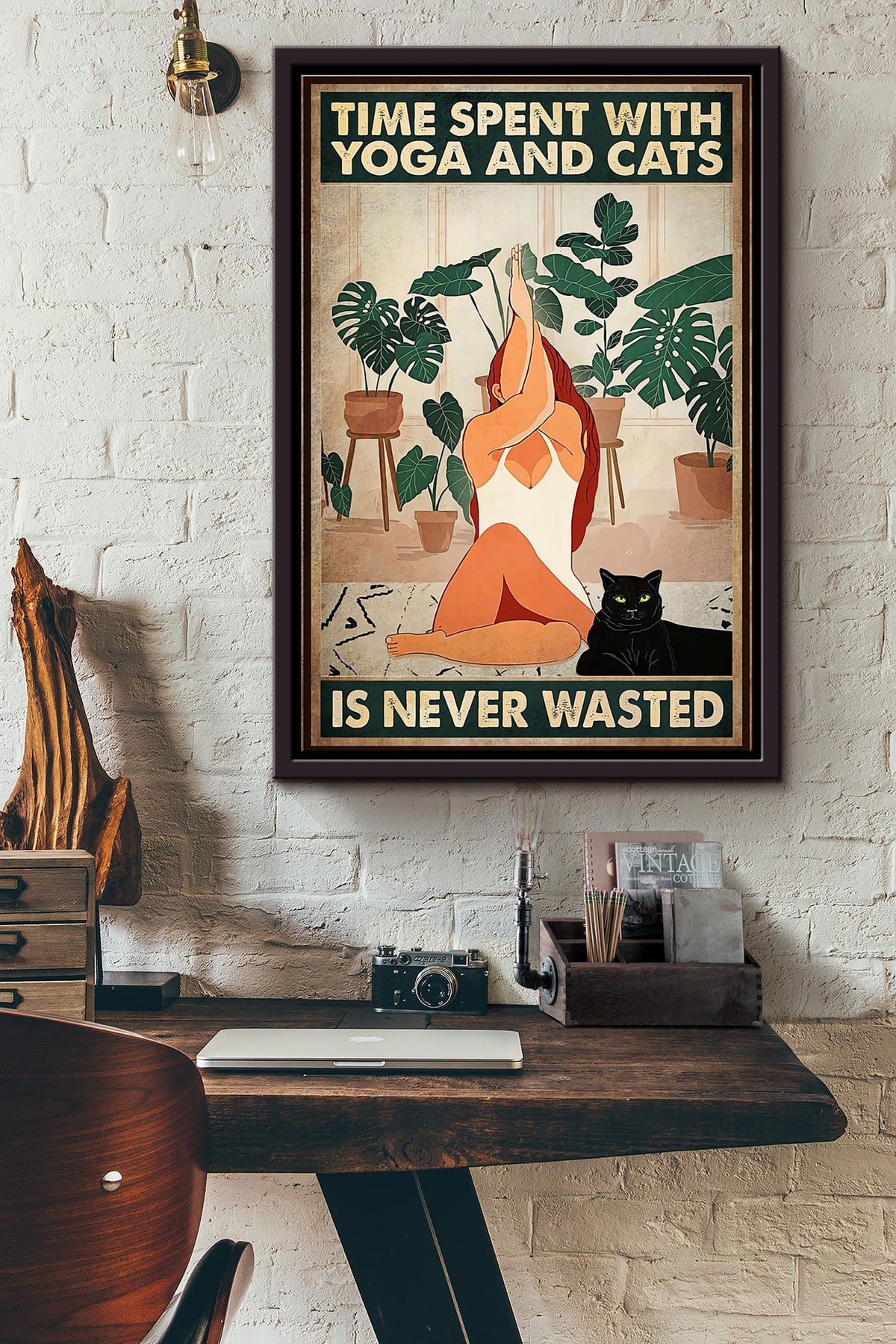 Time Spent With Yoga And Black Cats Is Never Wasted Poster Framed Matte Canvas