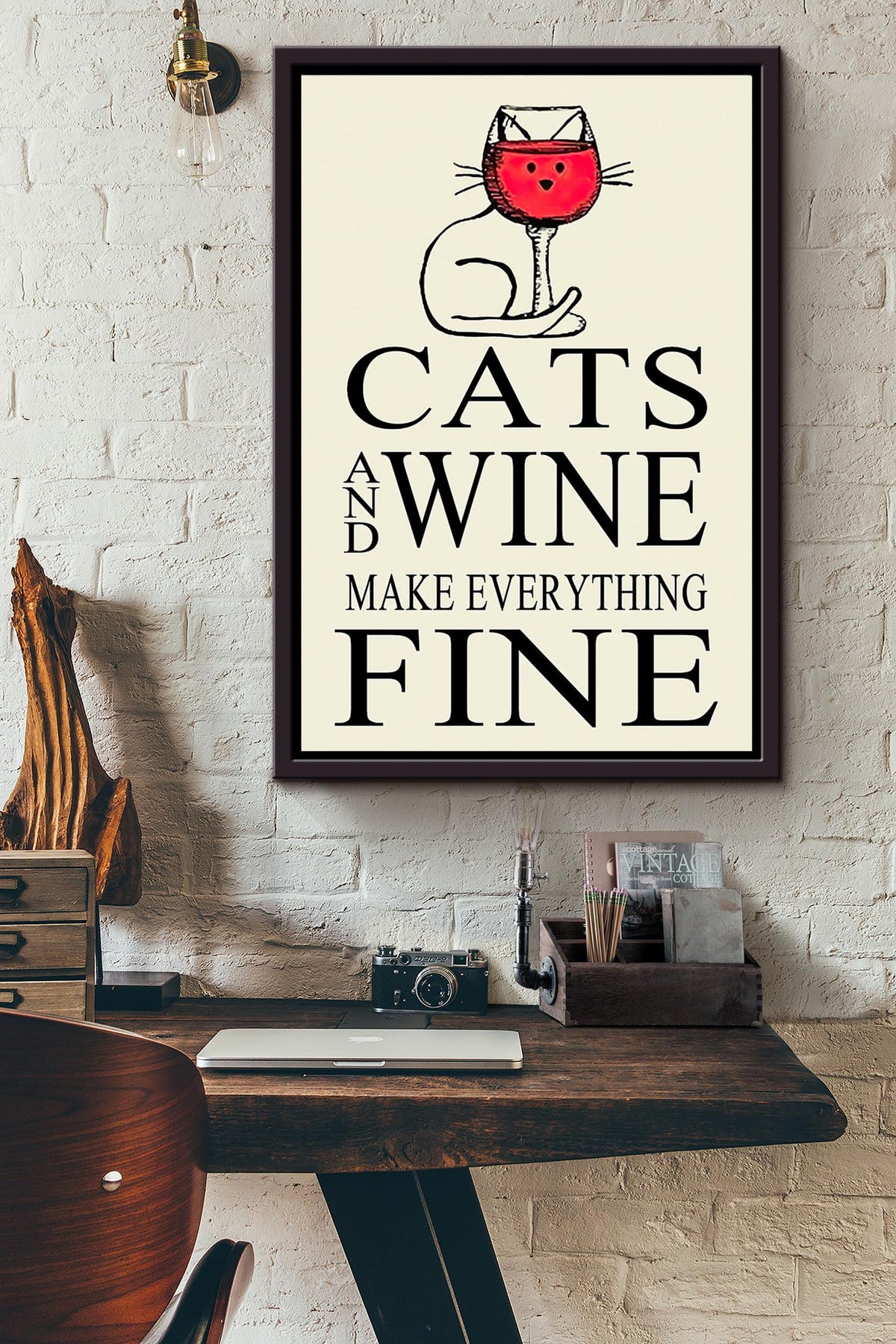 Cats And Wine Make Everything Fine Classic Art Poster Framed Matte Canvas