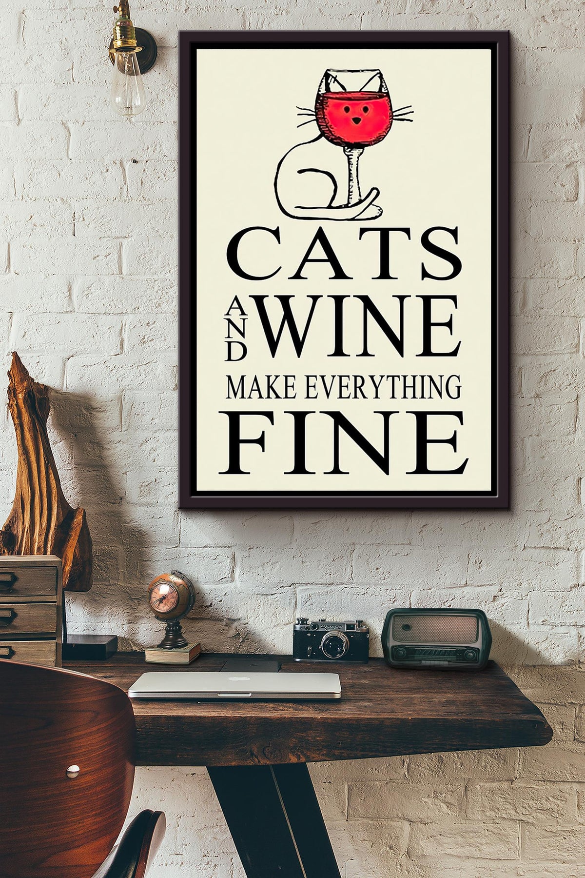 Cats And Wine Make Everything Fine Classic Art Poster Framed Matte Canvas