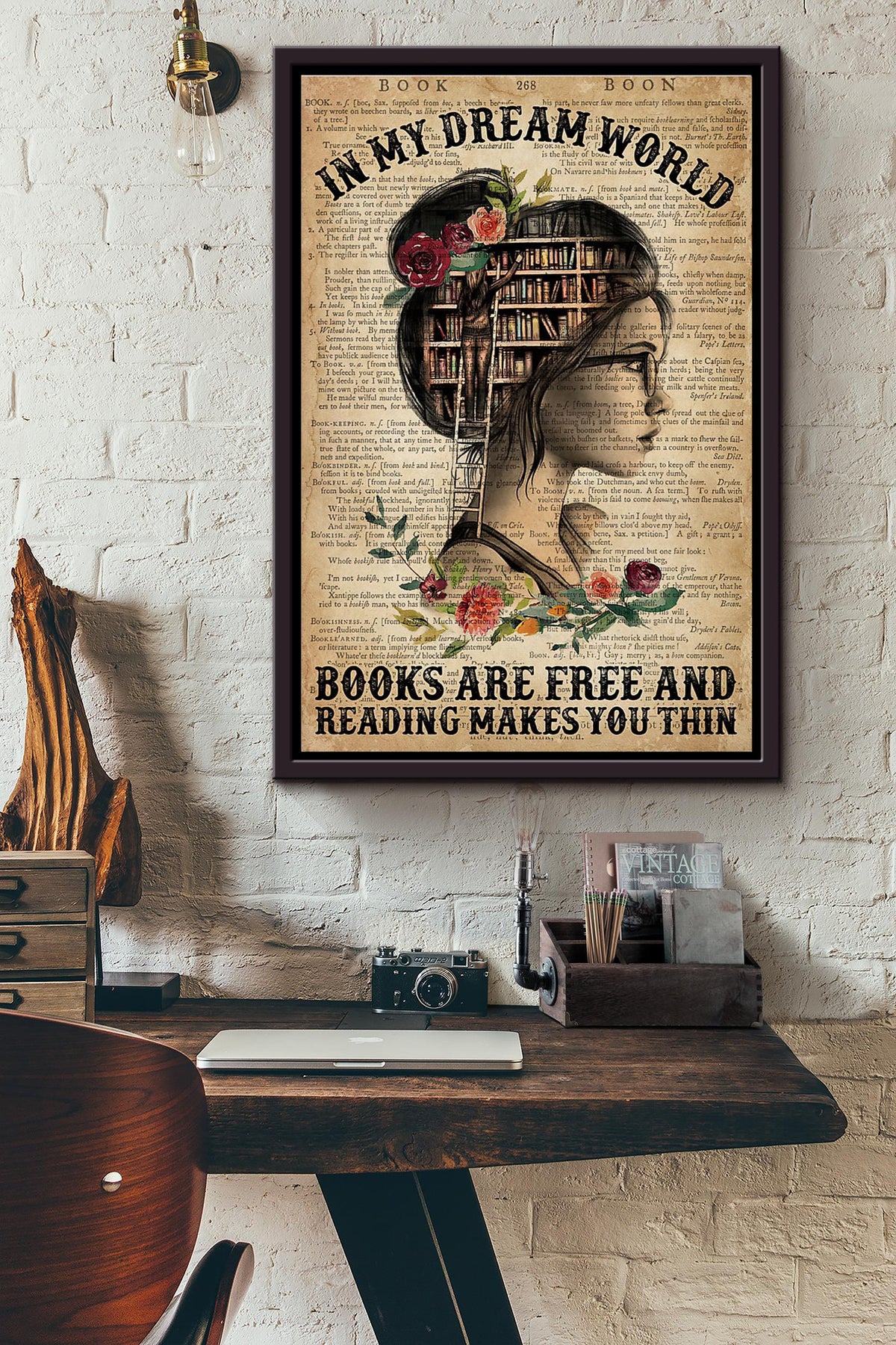 In My Dream World Books Are Free And Reading Makes You Thin Dictionary Poster Framed Matte Canvas