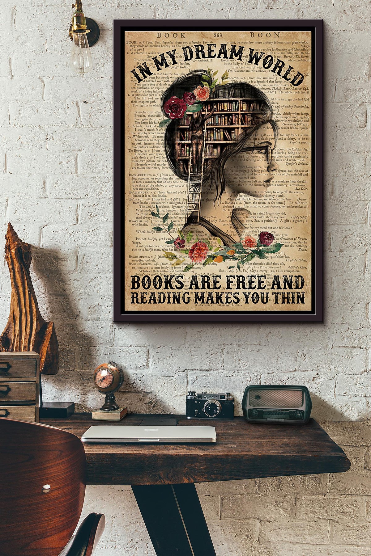 In My Dream World Books Are Free And Reading Makes You Thin Dictionary Poster Framed Matte Canvas