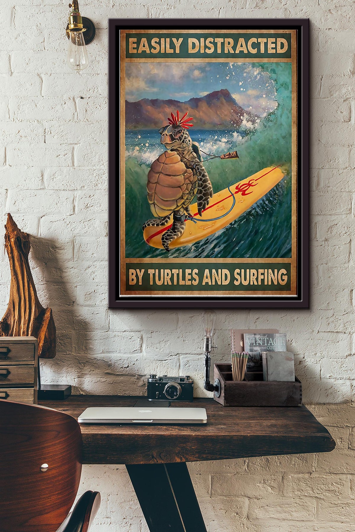 Easily Distracted By Turtles And Surfing Framed Matte Canvas