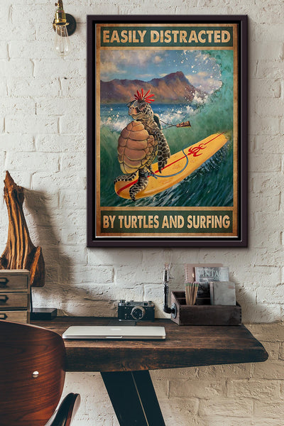 Easily Distracted By Turtles And Surfing Framed Matte Canvas