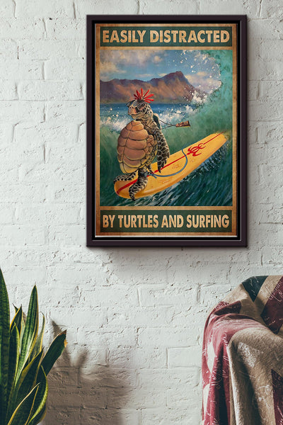 Easily Distracted By Turtles And Surfing Framed Matte Canvas