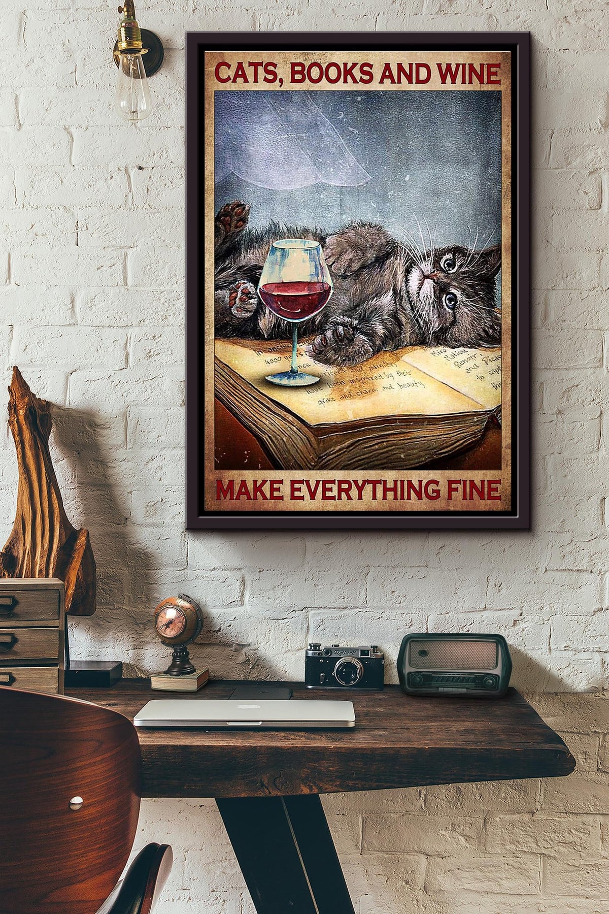 Cats Books And Red Wine Make Everything Fine Poster Framed Matte Canvas