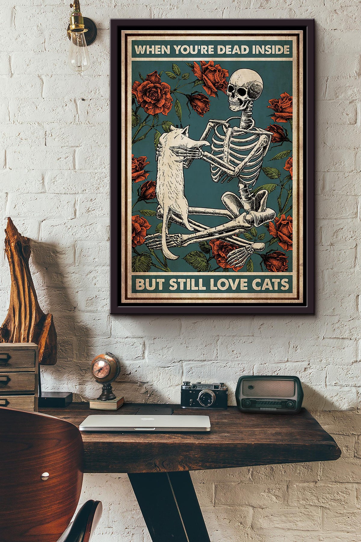 Skeleton When Youre Dead Inside But Still Love Cats Rose Poster Framed Matte Canvas