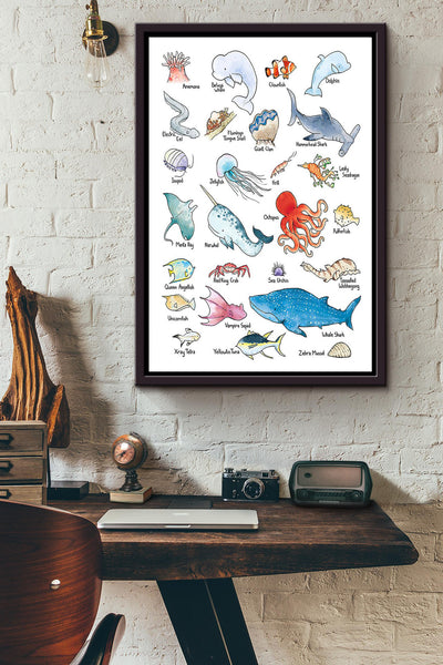 Sea Animal Alphabet Ocean Teacher Poster Framed Matte Canvas