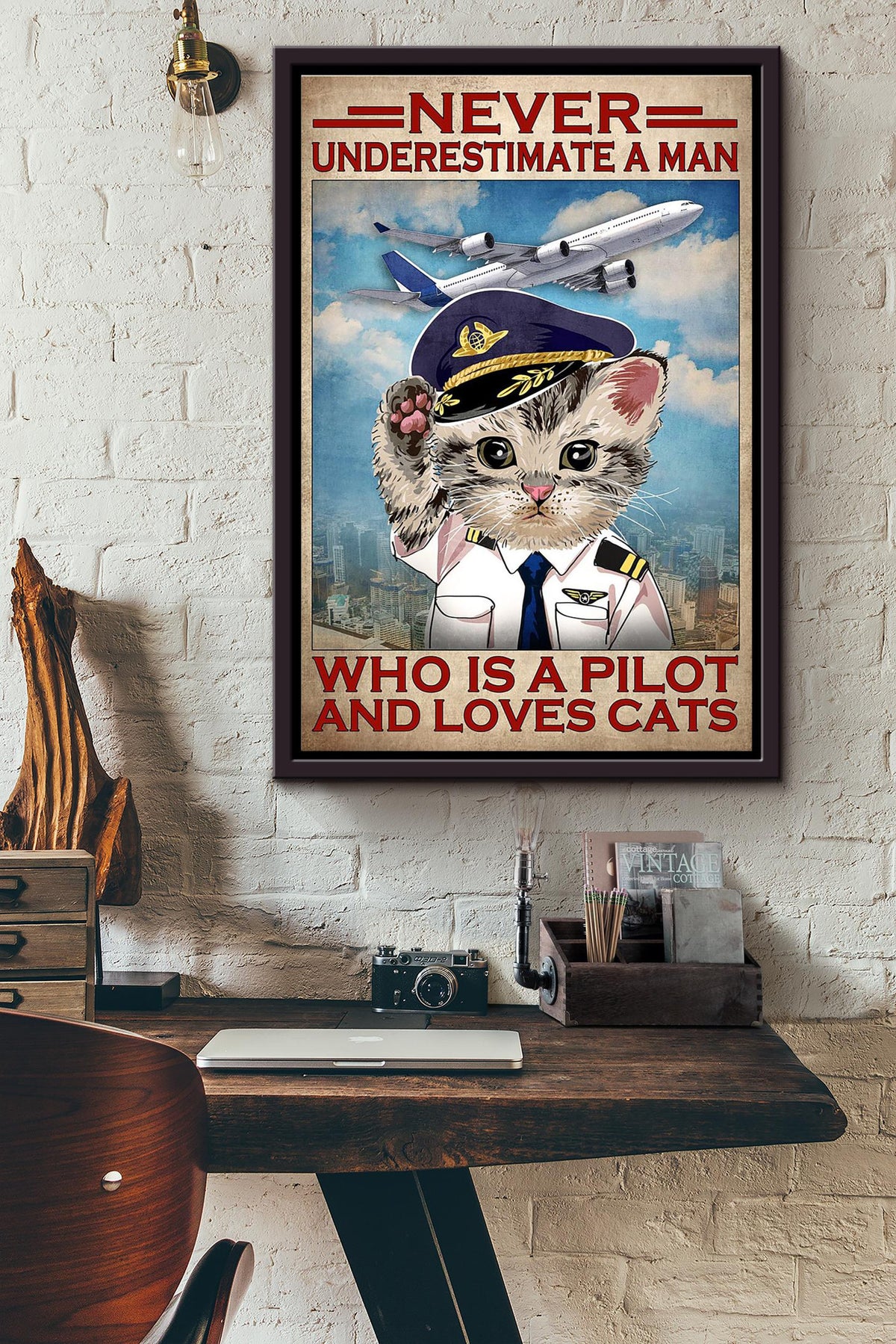 Never Underestimate A Man Who Is A Pilot And Loves Cats Poster Framed Matte Canvas