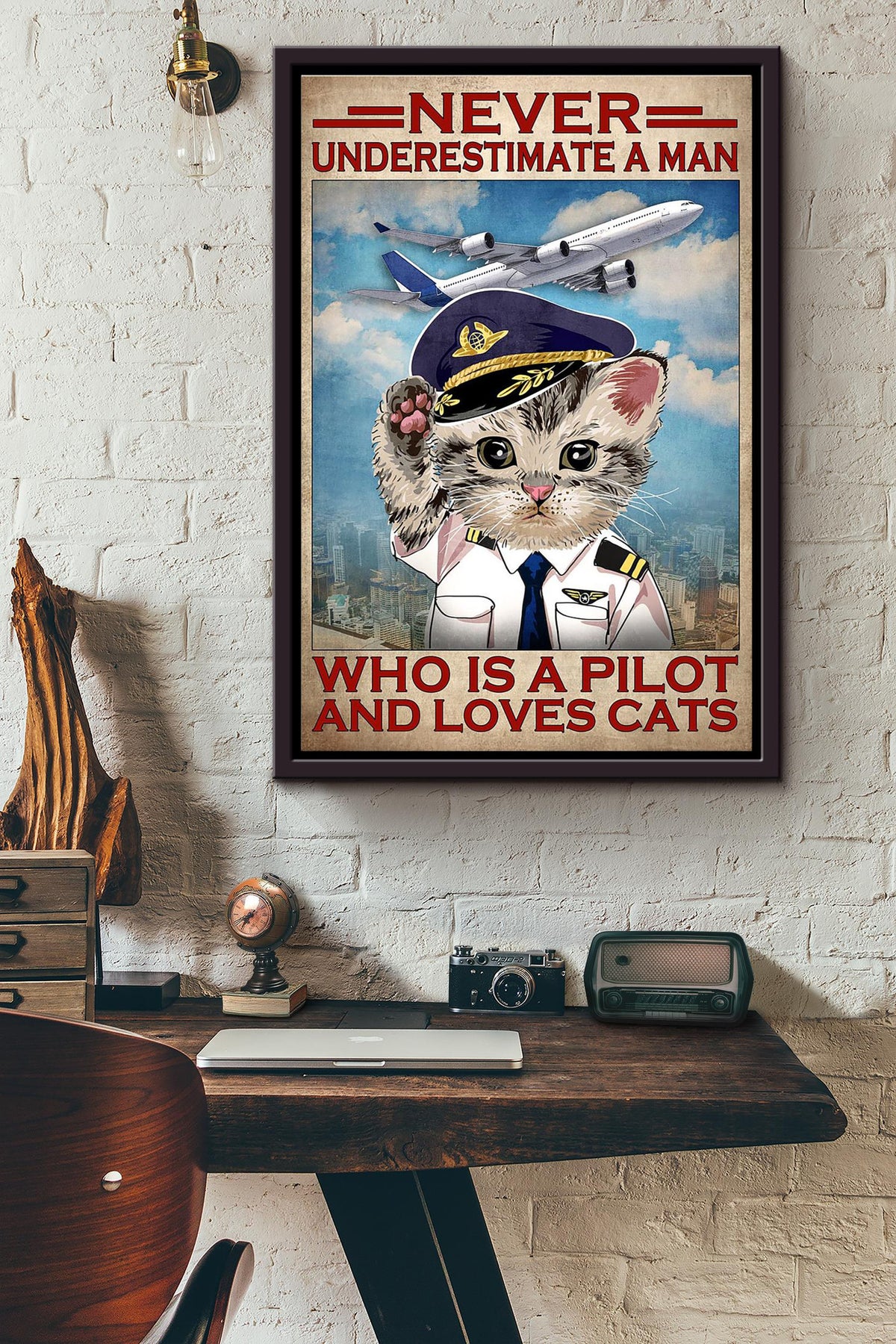 Never Underestimate A Man Who Is A Pilot And Loves Cats Poster Framed Matte Canvas