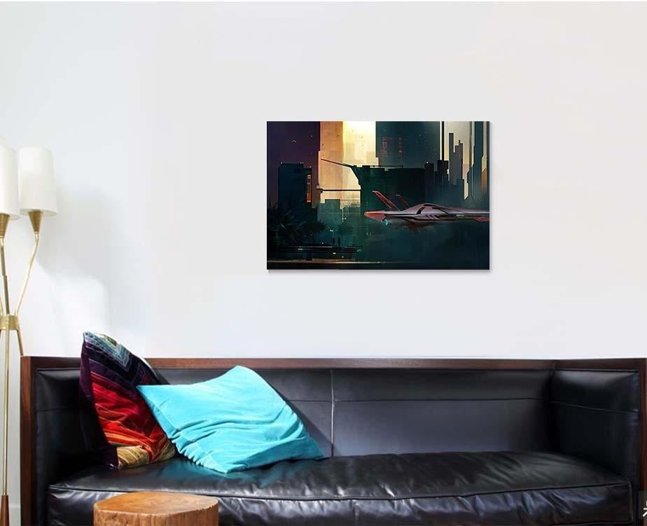 Fantastic Painted Morning Cyberpunk Style Landscape, Fantastic Premium Multi Canvas Prints, Multi Piece Panel Canvas Home Decor, Luxury Gallery Wall Fine Art