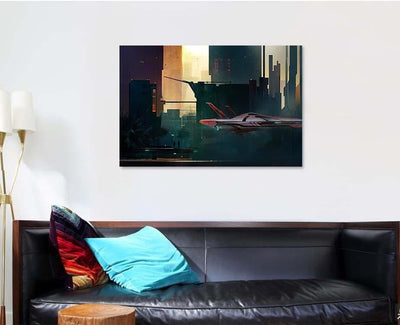 Fantastic Painted Morning Cyberpunk Style Landscape, Fantastic Premium Multi Canvas Prints, Multi Piece Panel Canvas Home Decor, Luxury Gallery Wall Fine Art