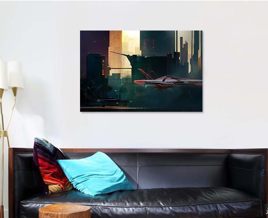 Fantastic Painted Morning Cyberpunk Style Landscape, Fantastic Premium Multi Canvas Prints, Multi Piece Panel Canvas Home Decor, Luxury Gallery Wall Fine Art