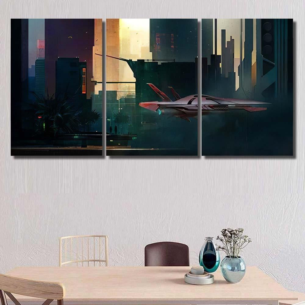 Fantastic Painted Morning Cyberpunk Style Landscape, Fantastic Premium Multi Canvas Prints, Multi Piece Panel Canvas Home Decor, Luxury Gallery Wall Fine Art
