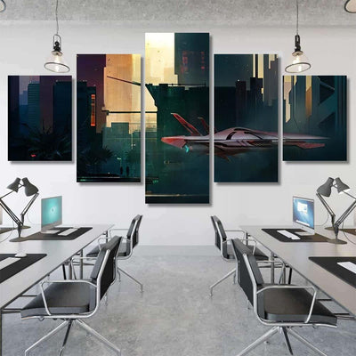 Fantastic Painted Morning Cyberpunk Style Landscape, Fantastic Premium Multi Canvas Prints, Multi Piece Panel Canvas Home Decor, Luxury Gallery Wall Fine Art