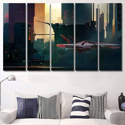 Fantastic Painted Morning Cyberpunk Style Landscape, Fantastic Premium Multi Canvas Prints, Multi Piece Panel Canvas Home Decor, Luxury Gallery Wall Fine Art
