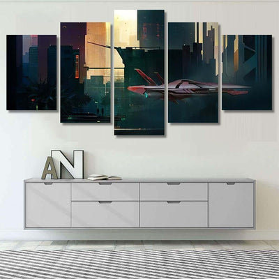 Fantastic Painted Morning Cyberpunk Style Landscape, Fantastic Premium Multi Canvas Prints, Multi Piece Panel Canvas Home Decor, Luxury Gallery Wall Fine Art