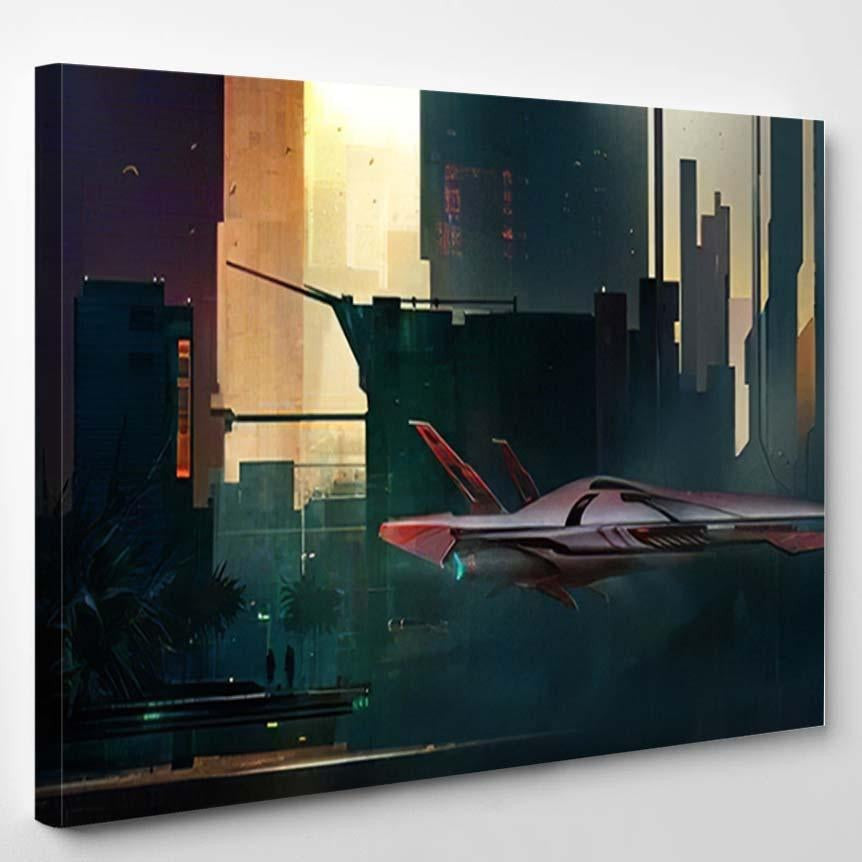 Fantastic Painted Morning Cyberpunk Style Landscape, Fantastic Premium Multi Canvas Prints, Multi Piece Panel Canvas Home Decor, Luxury Gallery Wall Fine Art