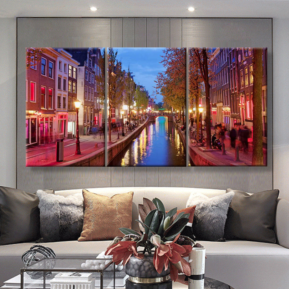 Amsterdam Red Light District Area In The City Centre At Dusk North Holland The Netherlands 2 Landscape, Multi Canvas Wall Art Ideas, Multi Piece Panel Canvas Home Decor Housewarming Gift Ideas Poster Canvas Gallery Painting