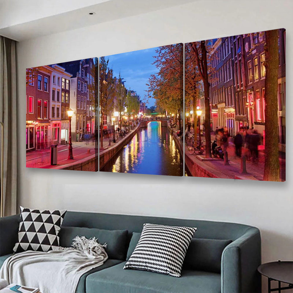 Amsterdam Red Light District Area In The City Centre At Dusk North Holland The Netherlands Landscape, Multi Canvas Wall Art Ideas, Multi Piece Panel Canvas Home Decor Housewarming Gift Ideas Poster Canvas Gallery Painting