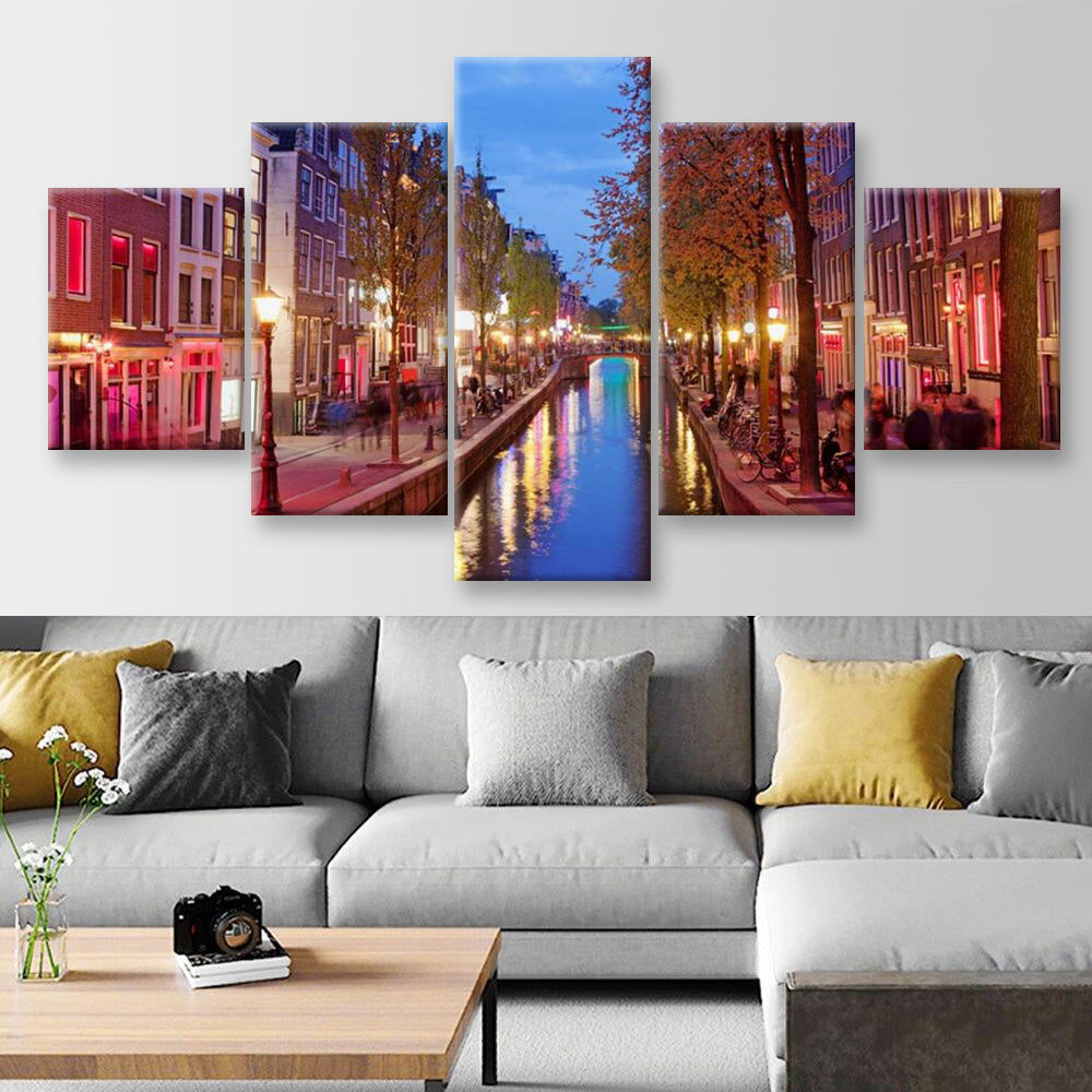 Amsterdam Red Light District Area In The City Centre At Dusk North Holland The Netherlands Landscape, Multi Canvas Wall Art Ideas, Multi Piece Panel Canvas Home Decor Housewarming Gift Ideas Poster Canvas Gallery Painting