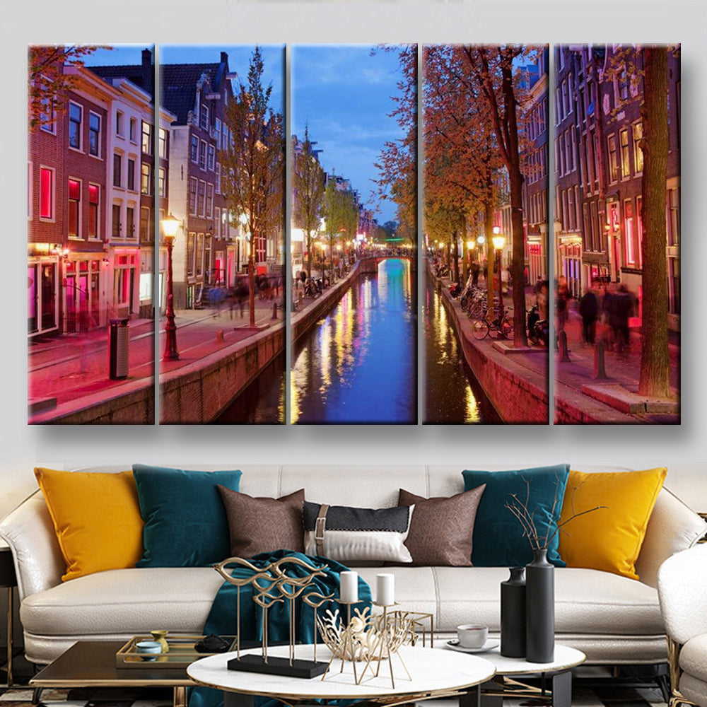 Amsterdam Red Light District Area In The City Centre At Dusk North Holland The Netherlands Landscape, Multi Canvas Wall Art Ideas, Multi Piece Panel Canvas Home Decor Housewarming Gift Ideas Poster Canvas Gallery Painting