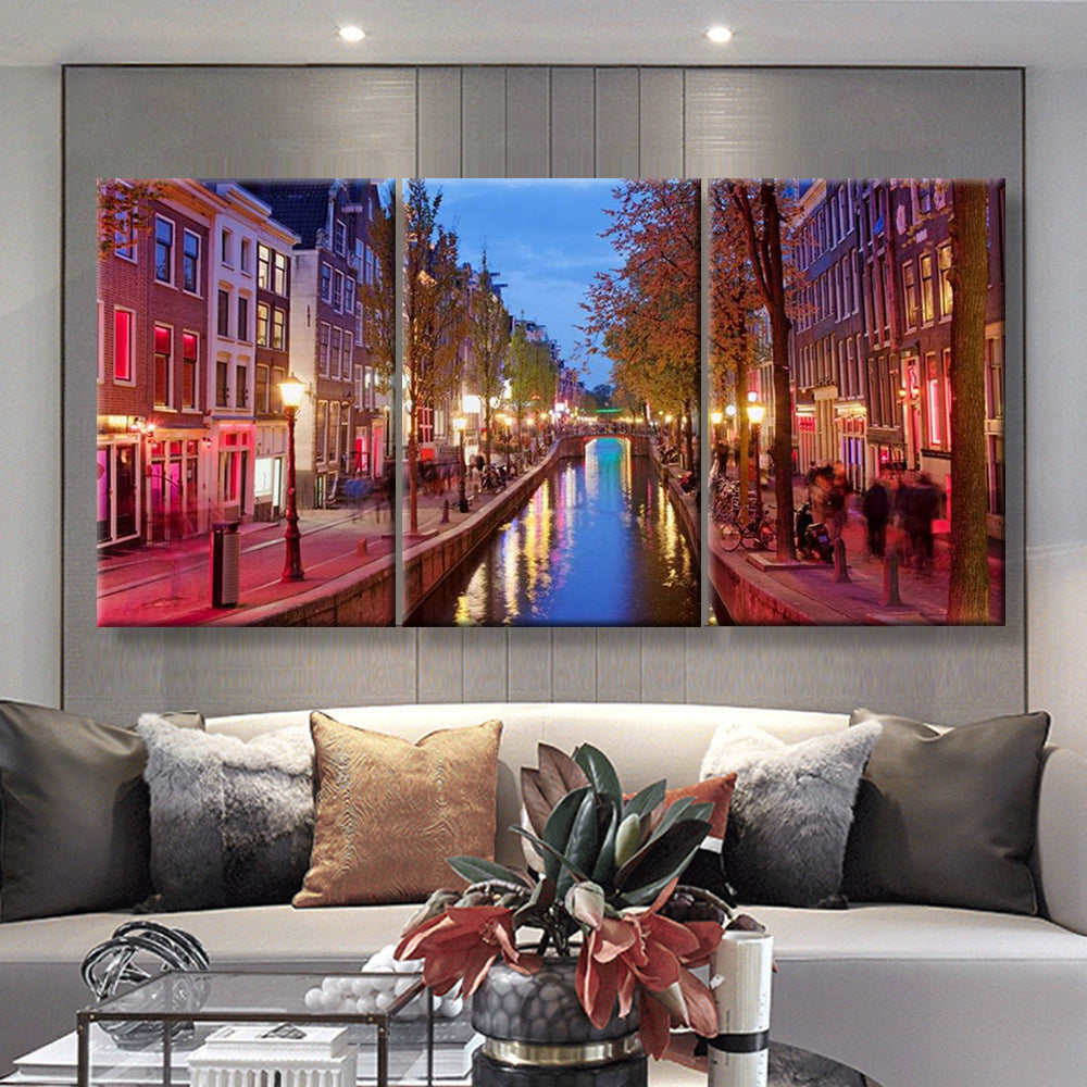 Amsterdam Red Light District Area In The City Centre At Dusk North Holland The Netherlands Landscape, Multi Canvas Wall Art Ideas, Multi Piece Panel Canvas Home Decor Housewarming Gift Ideas Poster Canvas Gallery Painting