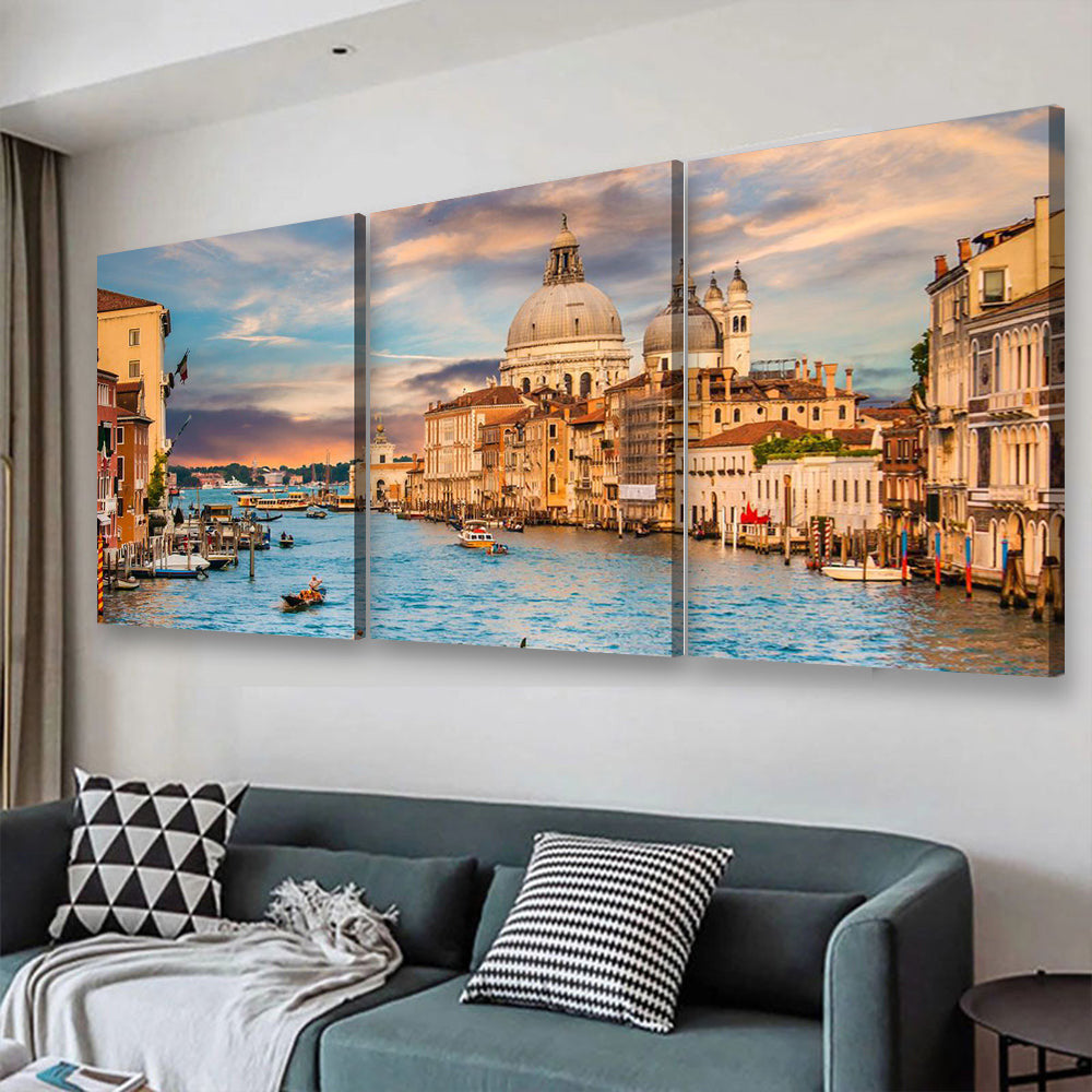 Basilica Di Santa Maria Della Salute In Golden Evening Light At Sunset In Venice Italy Landscape, Multi Canvas Wall Art Ideas, Multi Piece Panel Canvas Home Decor Housewarming Gift Ideas Poster Canvas Gallery Painting