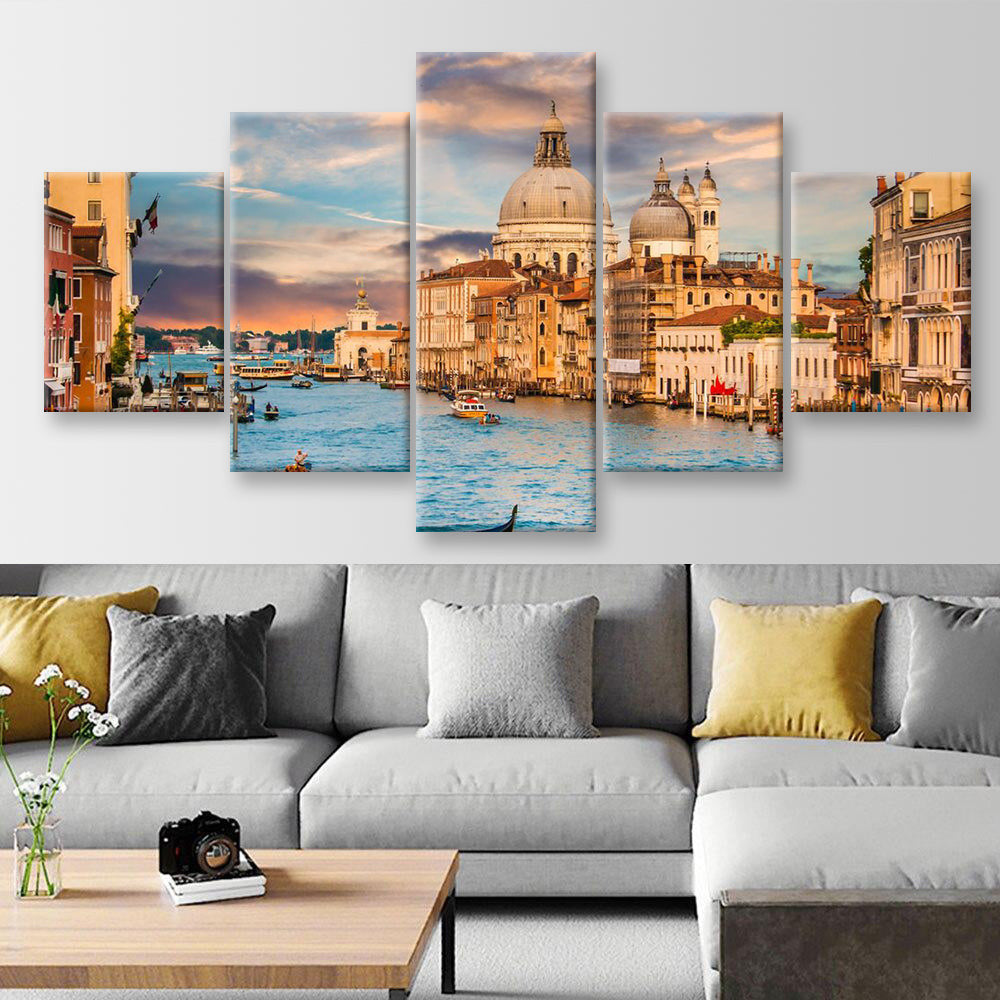 Basilica Di Santa Maria Della Salute In Golden Evening Light At Sunset In Venice Italy Landscape, Multi Canvas Wall Art Ideas, Multi Piece Panel Canvas Home Decor Housewarming Gift Ideas Poster Canvas Gallery Painting