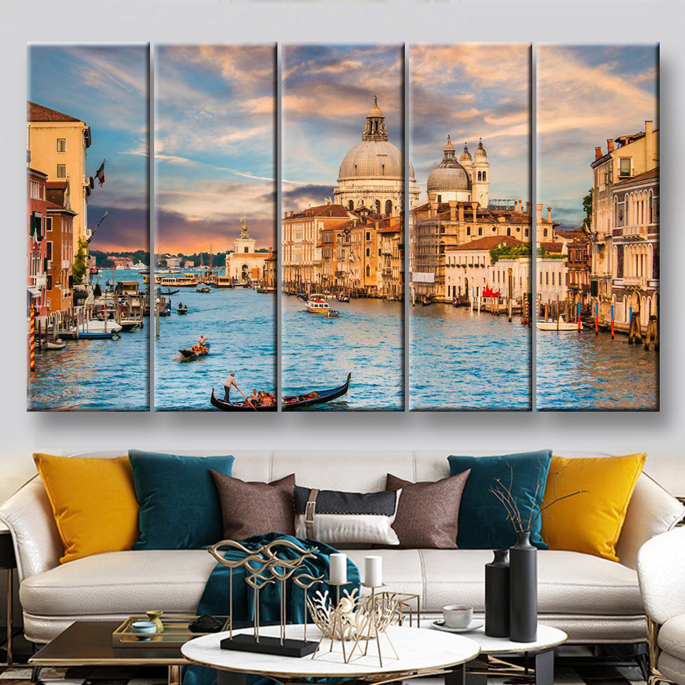 Basilica Di Santa Maria Della Salute In Golden Evening Light At Sunset In Venice Italy Landscape, Multi Canvas Wall Art Ideas, Multi Piece Panel Canvas Home Decor Housewarming Gift Ideas Poster Canvas Gallery Painting