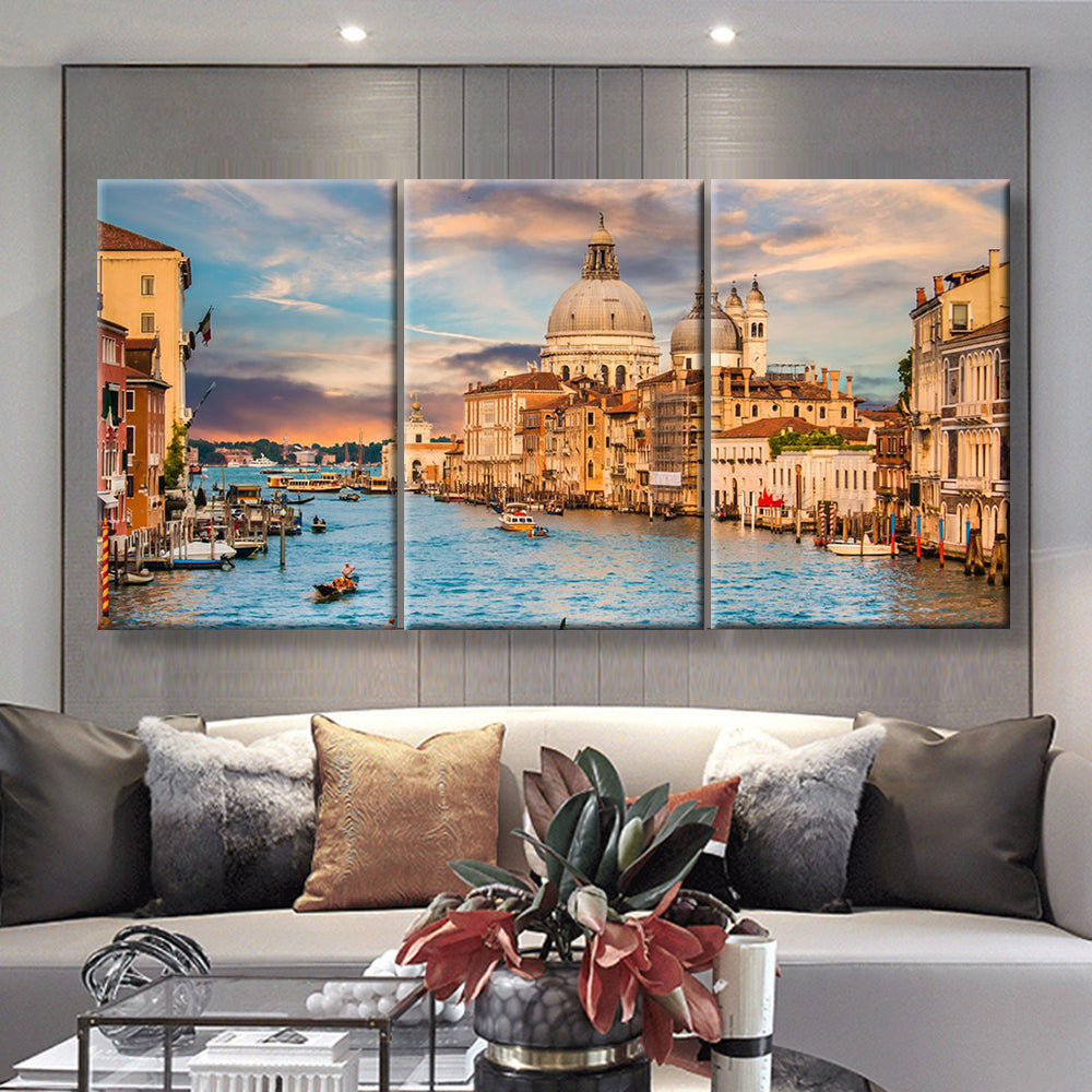 Basilica Di Santa Maria Della Salute In Golden Evening Light At Sunset In Venice Italy Landscape, Multi Canvas Wall Art Ideas, Multi Piece Panel Canvas Home Decor Housewarming Gift Ideas Poster Canvas Gallery Painting