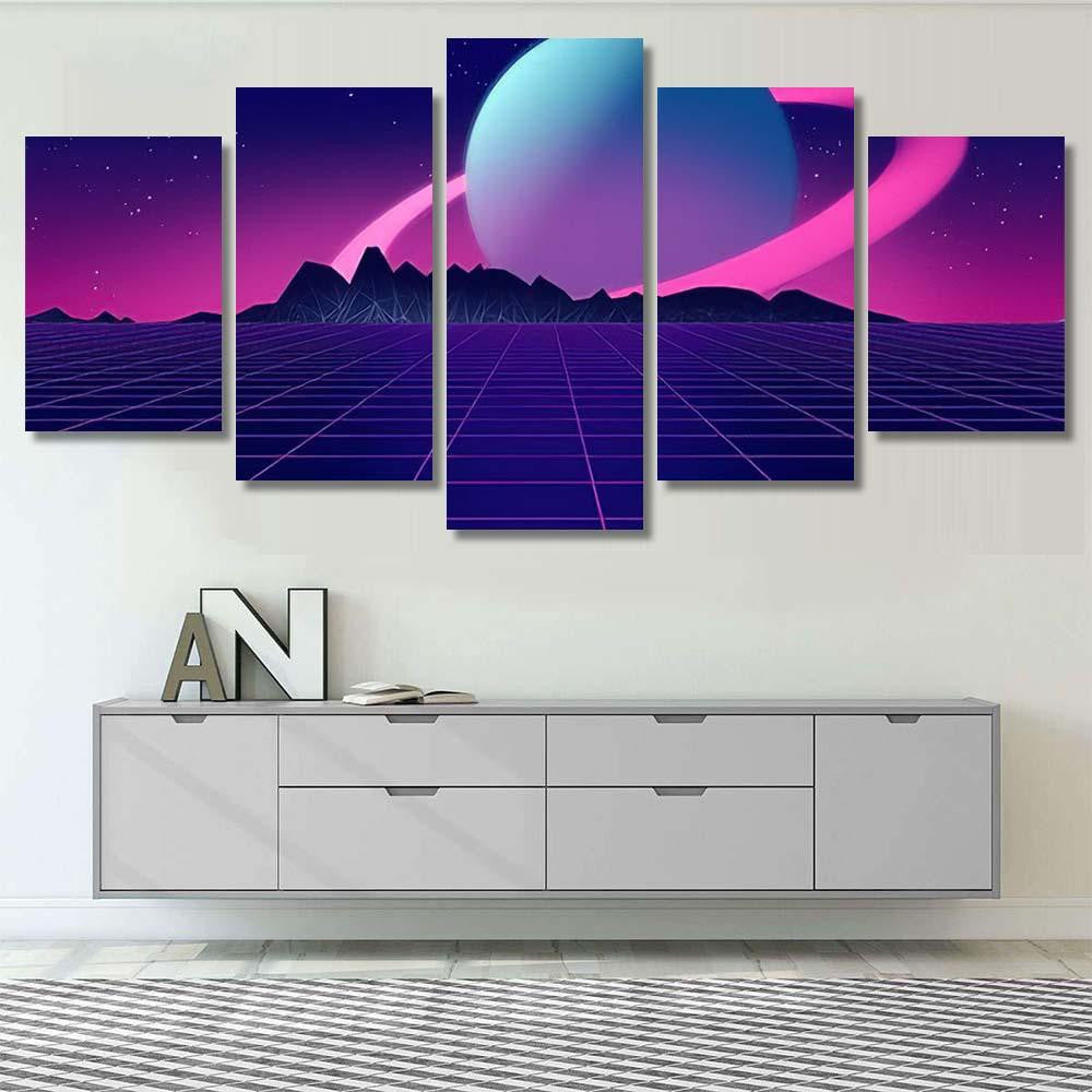 Retro Futuristic Background 1980S Style 3D 5 Galaxy Sky and Space Multi Piece Panel Canvas Home Decor Housewarming Gift Ideas Poster Canvas Gallery Prints