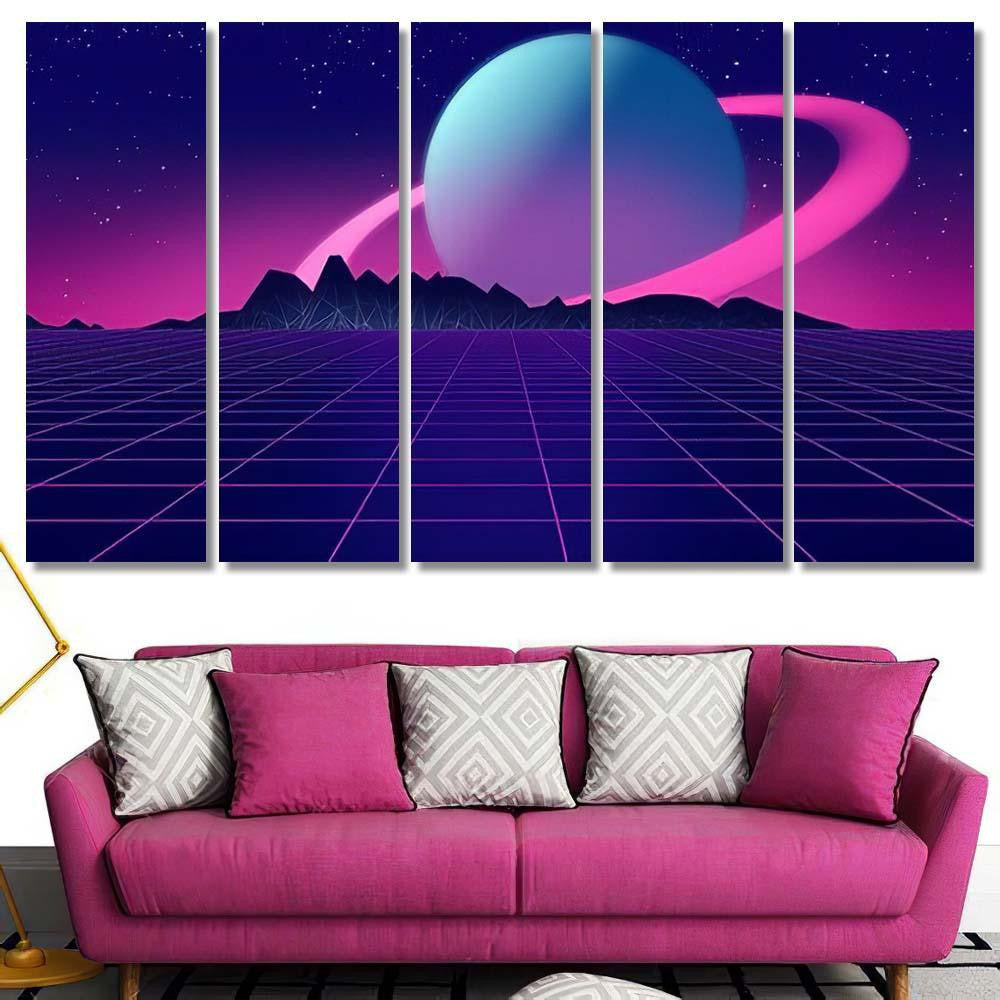 Retro Futuristic Background 1980S Style 3D 5 Galaxy Sky and Space Multi Piece Panel Canvas Home Decor Housewarming Gift Ideas Poster Canvas Gallery Prints