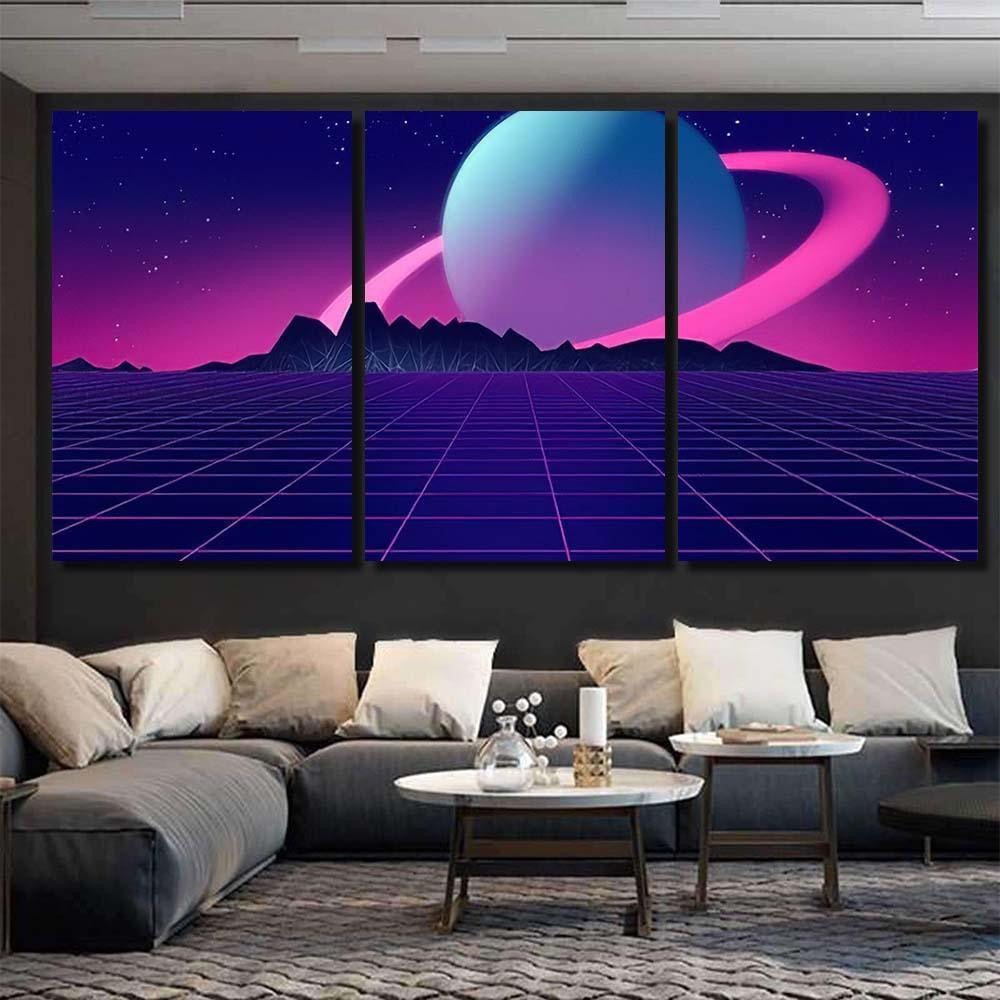 Retro Futuristic Background 1980S Style 3D 5 Galaxy Sky and Space Multi Piece Panel Canvas Home Decor Housewarming Gift Ideas Poster Canvas Gallery Prints