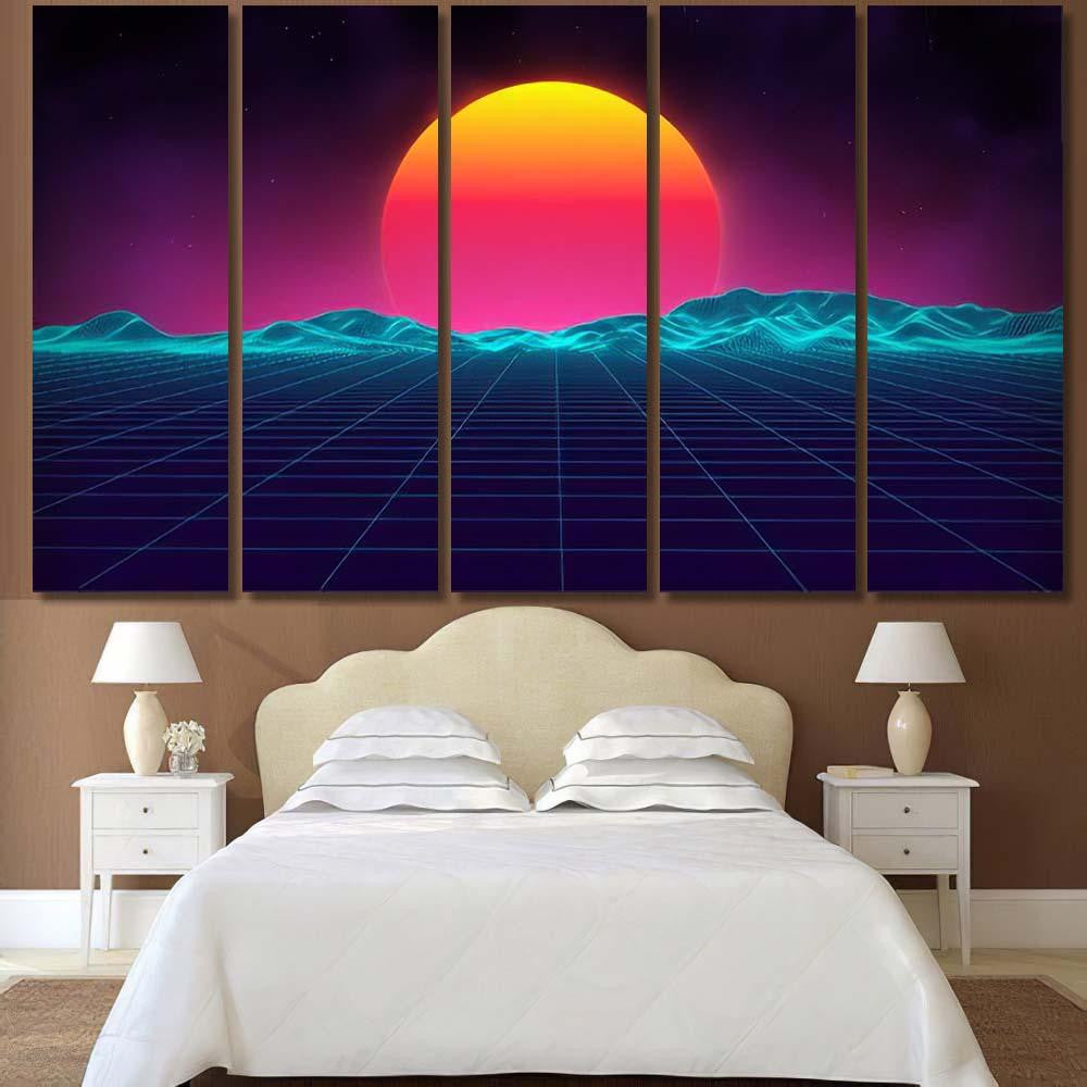 Retro Background Futuristic Landscape 1980S Style 11 Galaxy Sky and Space Multi Piece Panel Canvas Home Decor Housewarming Gift Ideas Poster Canvas Gallery Prints