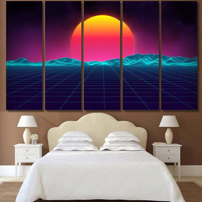 Retro Background Futuristic Landscape 1980S Style 11 Galaxy Sky and Space Multi Piece Panel Canvas Home Decor Housewarming Gift Ideas Poster Canvas Gallery Prints
