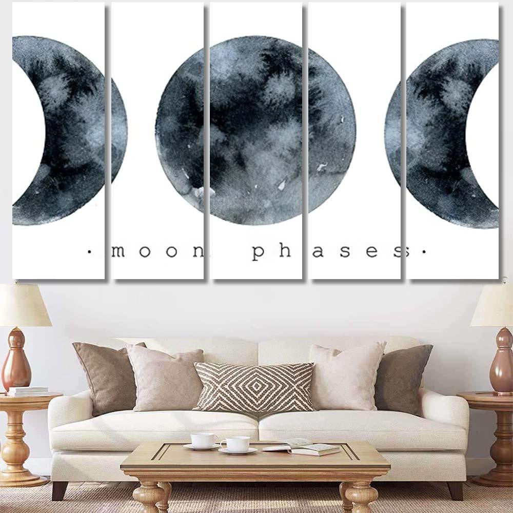 Moon Various Phases Trendy Watercolor Illustration Galaxy Sky and Space Multi Piece Panel Canvas Home Decor Housewarming Gift Ideas Poster Canvas Gallery Prints