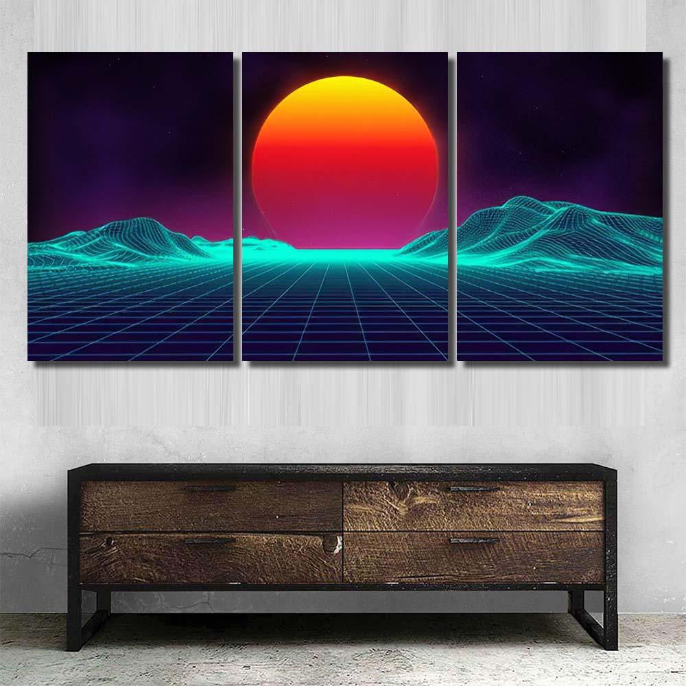 Retro Background Futuristic Landscape 1980S Style 10 Galaxy Sky and Space Multi Piece Panel Canvas Home Decor Housewarming Gift Ideas Poster Canvas Gallery Prints