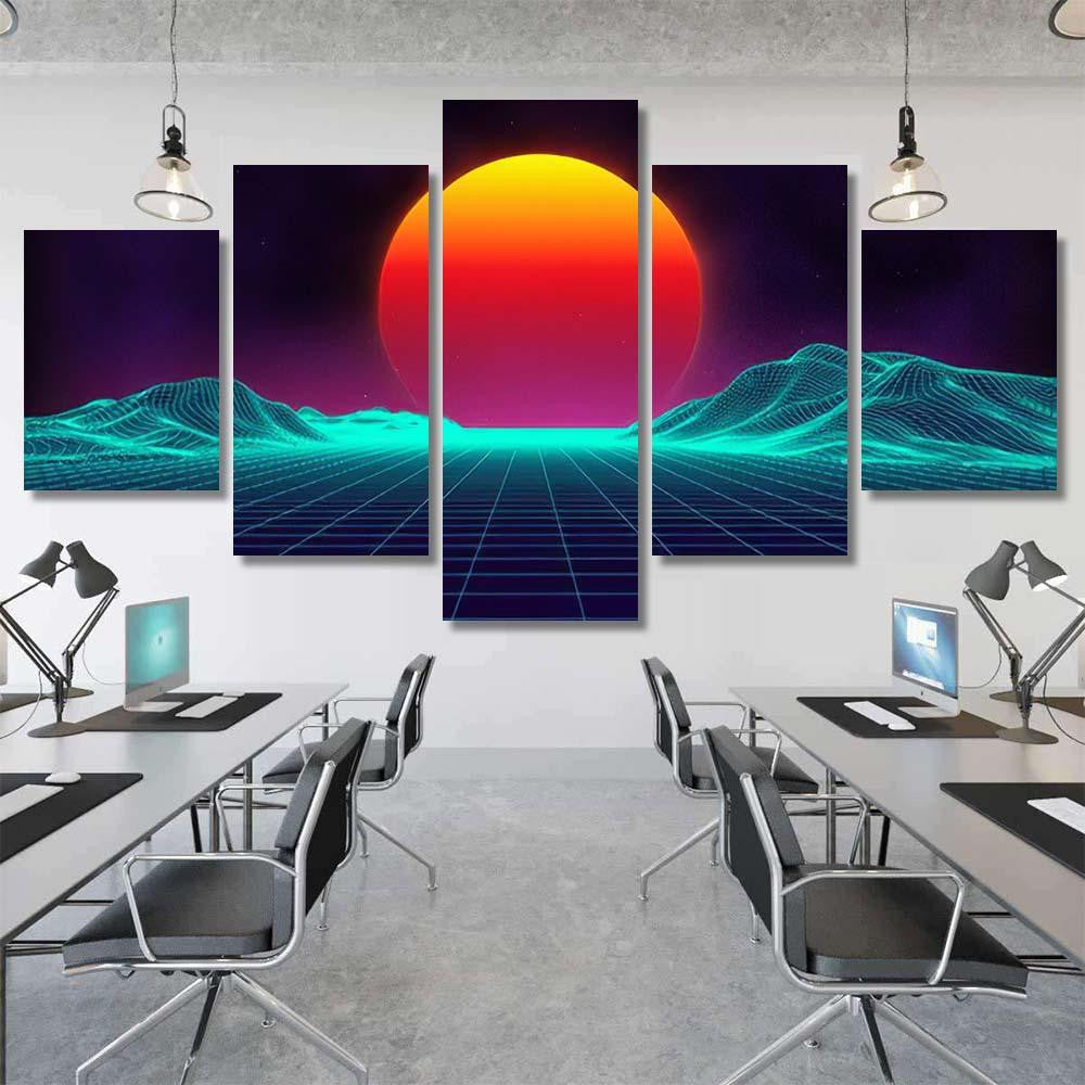 Retro Background Futuristic Landscape 1980S Style 10 Galaxy Sky and Space Multi Piece Panel Canvas Home Decor Housewarming Gift Ideas Poster Canvas Gallery Prints