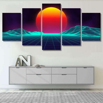 Retro Background Futuristic Landscape 1980S Style 10 Galaxy Sky and Space Multi Piece Panel Canvas Home Decor Housewarming Gift Ideas Poster Canvas Gallery Prints