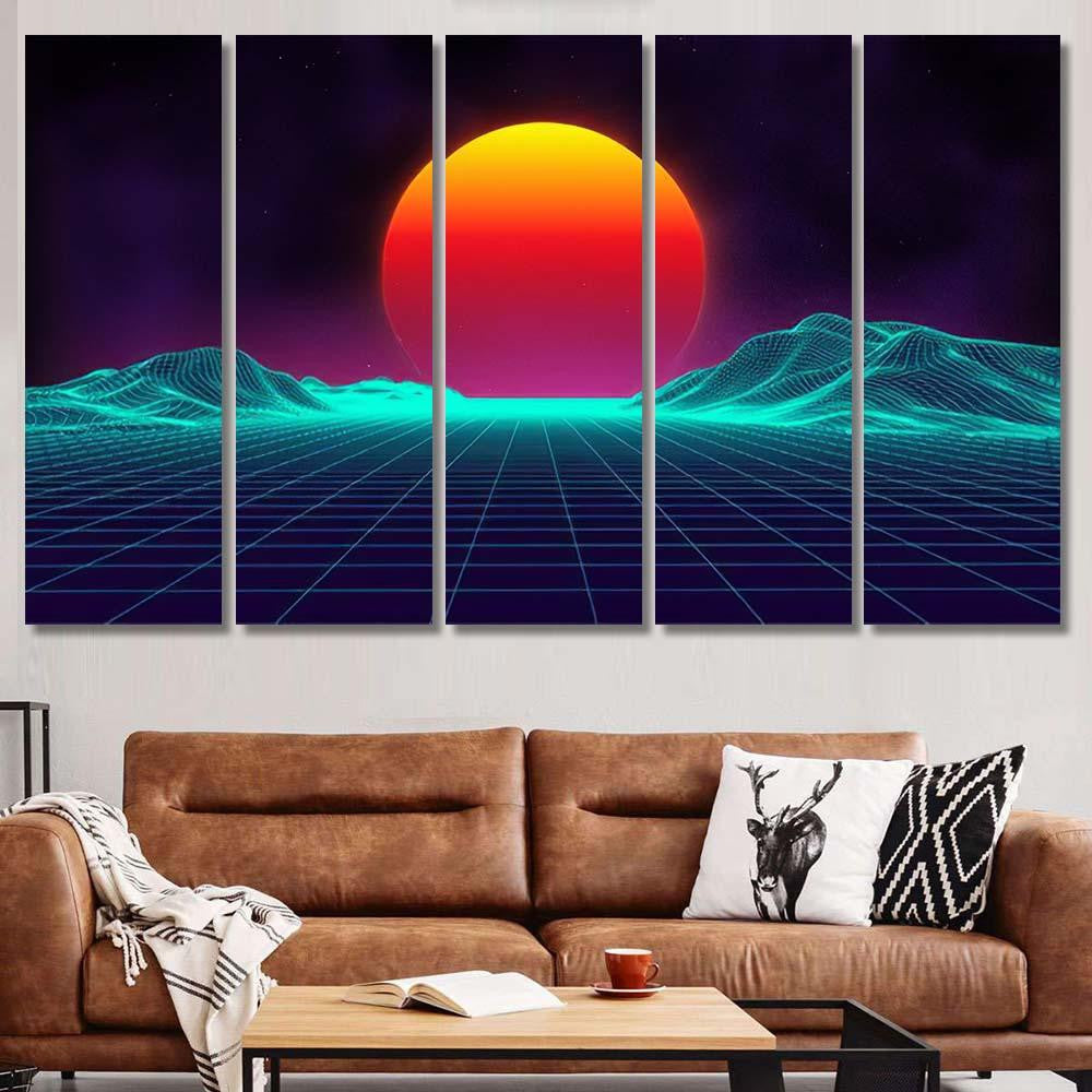 Retro Background Futuristic Landscape 1980S Style 10 Galaxy Sky and Space Multi Piece Panel Canvas Home Decor Housewarming Gift Ideas Poster Canvas Gallery Prints